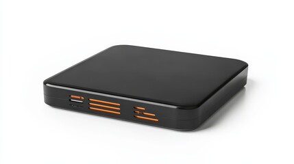 Sleek black media player with orange accents on white background