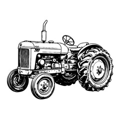 Antique tractor illustration on white background, rural nostalgia