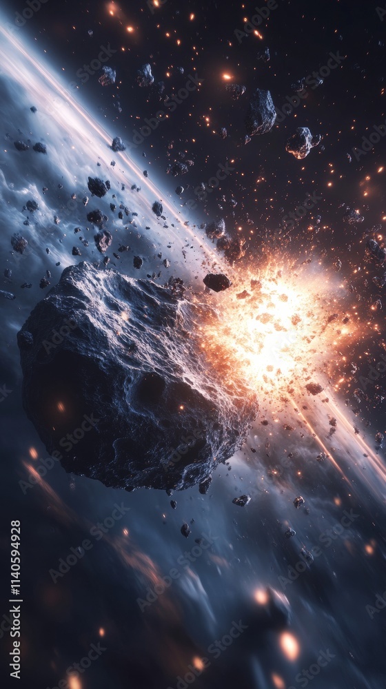 Wall mural asteroid exploding near planet with atmosphere in deep space