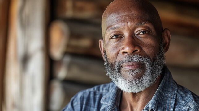 Portrait of a mature African American man with a distinguished white beard wearing denim shirt, looking thoughtfully at camera with warm expression in natural lighting.