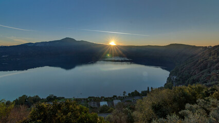 Panoramic view of Albano Lake coast at sunrise timelapse, Rome Province, Latium, central Italy