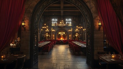 Obraz premium A Gothic arched doorway with intricate ironwork framing the stone, opening into a dining hall bathed in soft amber light, featuring a long dining table, velvet drapes, and a roaring fireplace. Regal,