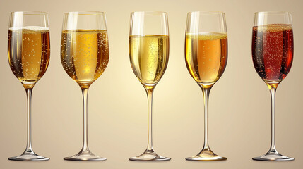 A set of champagne glasses with golden liquid drawn in flat vector style.