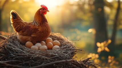 Hen sitting on eggs in nest at sunset in a farm