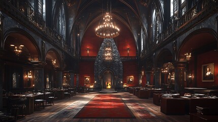 Naklejka premium A Gothic archway carved from dark stone, leading into a dining hall with soaring ceilings, elaborate chandeliers, a richly detailed stone fireplace, and deep burgundy decor. Majestic, historical,