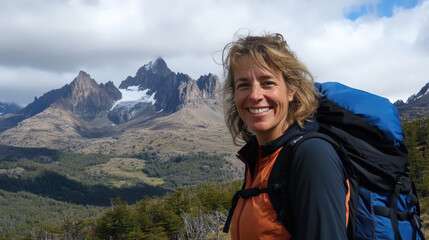 Naklejka premium Smiling woman hiker Patagonia