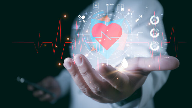 Doctor using data virtual with health care icons,medical technology background,health insurance business.Health Insurance, telemedicine, Health care and medical technology services concept.
