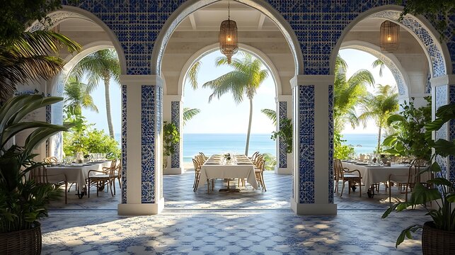 A grand open archway with intricate blue and white tiles, framing a Mediterranean dining space with a tiled floor, a long table covered in linen, and a backdrop of sunny coastal views. Serene,