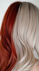 Fototapeta premium Creative split-dyed hairstyle featuring contrasting copper red and platinum blonde colors, showcasing modern hair coloring techniques and trendy two-tone styling effect.