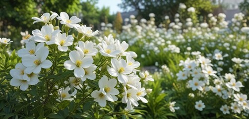 Obraz premium Fragrant white flowers blooming in a lush garden , white blooms, floral arrangements