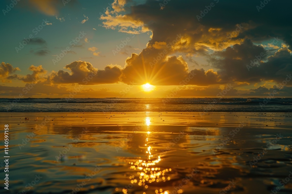 Poster sunset over a tranquil ocean with golden reflections and dramatic clouds creating a serene atmospher