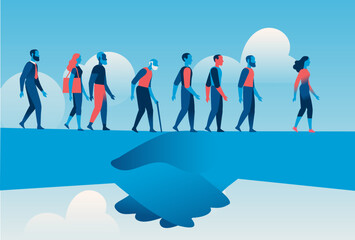 A line of diverse people walks across a large helping hand against a blue sky background, symbolizing support, guidance, and transition.
