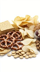 Fototapeta premium Variety of salty snacks including crispy potato chips, crunchy pretzels, crackers, and mixed nuts arranged on white background, perfect party food composition.