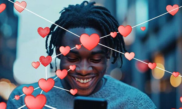 Black guy flirting on mobile dating apps. Polyamory concept