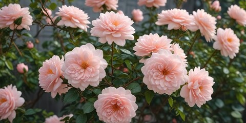 Full-bloomed garden with pale pink peach-colored floribunda rose flowers on a branch, blooming roses, garden blooms, pastel pink flowers