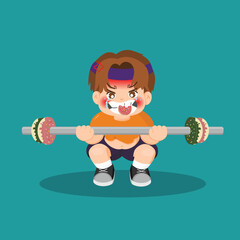 Cartoon Illustration of a Determined Kid Lifting Weights