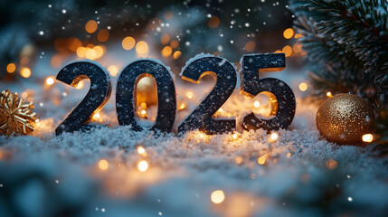 The number "2025" in bold black typography with golden snowflakes in the background.