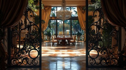 A pair of vintage wrought iron gates with swirling motifs, leading into a classic dining room featuring a richly decorated table, tall candlesticks, and luxurious drapes framing the space. Classic,