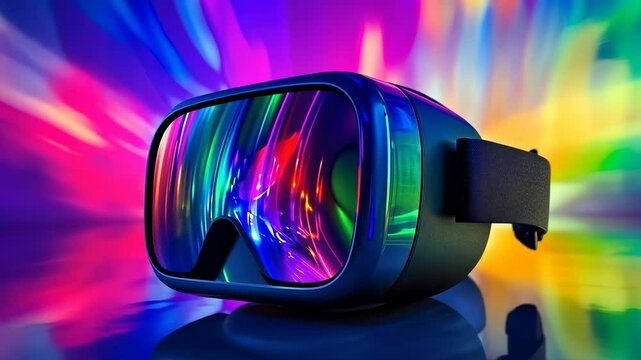 A virtual reality headset illuminated by vivid, multicolored lights, suggesting an immersive tech experience. The mood is futuristic and dynamic, showing how technology can transform perception.