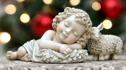Peaceful nativity scene featuring baby jesus sleeping in manger surrounded by gentle lambs