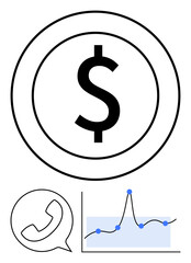 Dollar symbol inside a circle a speech bubble with a phone and a graph with blue points. Ideal for finance, communication, analysis, growth, investment, strategy, economy. Line metaphor