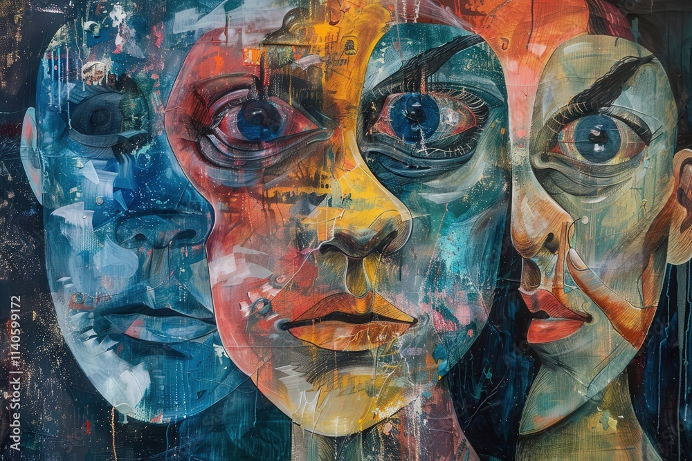 Fototapete surreal artwork featuring multiple intertwined faces with intricate details and vibrant colors in an