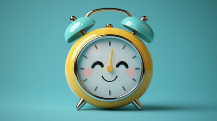Yellow alarm clock smiling on turquoise background