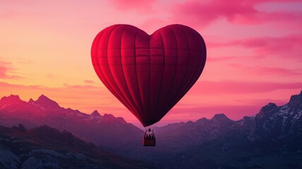 Obraz premium Valentine's Day and experience concept. A heart-shaped hot air balloon floats above mountains at sunset.