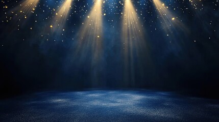 Dark blue stage with gold spotlight lines and shiny texture for award ceremony design