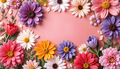Colorful floral composition with various daisies and flowers on pink background, copy space