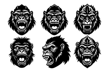 6 different styles of gorilla heads vector silhouette