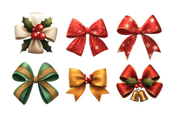 Set of colorful festive bows for decorate present isolated on transparent background. Decorative ribbons for Christmas, New Year, birthday, holiday gift wrapping. Collection of elements for design