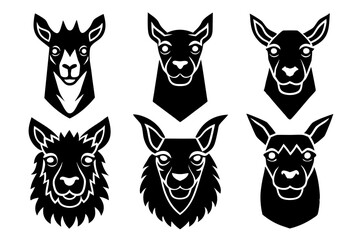 6 different styles of llama heads vector silhouette