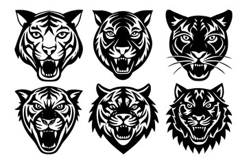 6 different styles of tiger heads vector silhouette