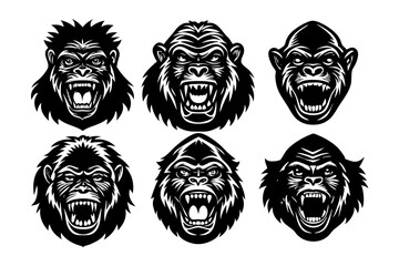 6 different styles of gorilla heads vector silhouette