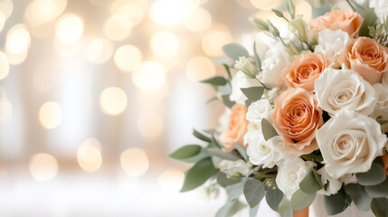 Obraz premium A beautiful bouquet of white and peach roses arranged elegantly, with soft bokeh lights in the background creating a romantic atmosphere.