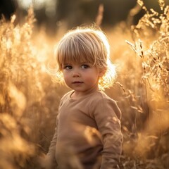 toddler in a field at sunset