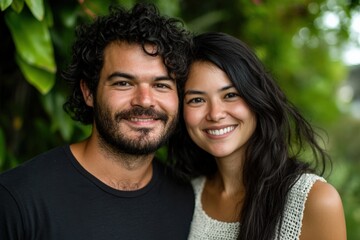 Fototapeta premium a couple poses for a portrait outdoors.