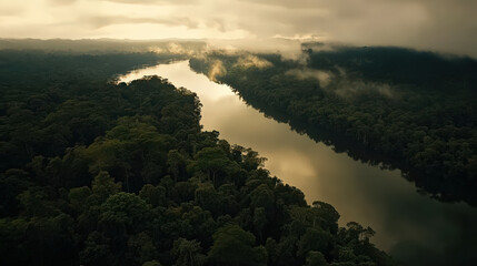 Serene sunrise over Amazon rainforest river tranquil, misty atmosphere