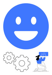 Fototapeta premium Happy face, two gear icons, and a person holding a coding icon. Ideal for software development, productivity, tech innovation, user experience, mechanics teamwork digital transformation. Line