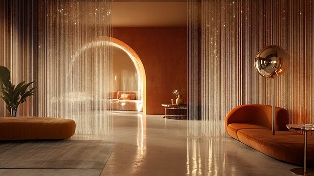 A translucent beaded curtain doorway sparkling in golden light, opening to a retro-inspired living room with curved furniture, muted tones, and a floor lamp with a metallic dome. Sleek, nostalgic,