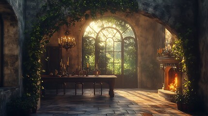 Fototapeta premium A weathered stone archway adorned with ivy, leading into a vintage dining room with a polished oak table, antique candelabras, and a roaring fireplace casting golden light. Cozy, rustic elegance,