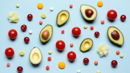 fresh avocados and tomatoes scattered on a blue background