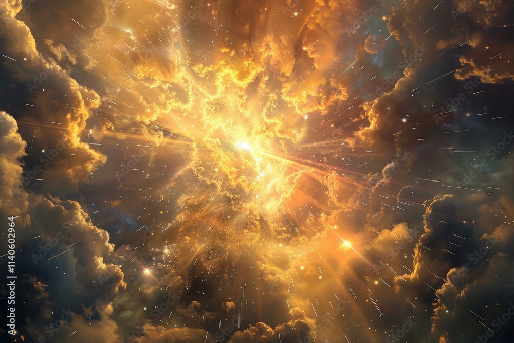 Poster vibrant cosmic explosion with swirling clouds and bursts of light in a dramatic space setting