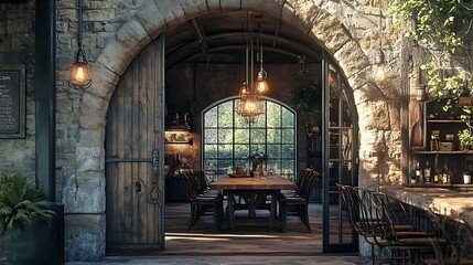 An aged arched stone doorway, worn with time, opening into a vintage dining area with a distressed wooden table, wrought iron chairs, and warm light from a cluster of hanging Edison bulbs. Inviting,