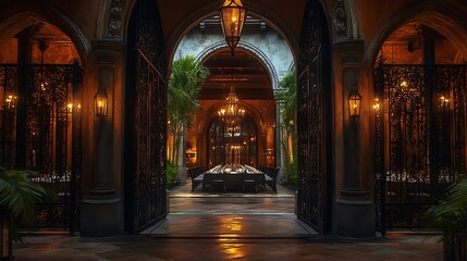 Obraz premium An imposing Gothic doorway with pointed arches and intricate iron gates, leading to a dining hall featuring dramatic lighting, a grand banquet table, and towering columns. Bold, mysterious,