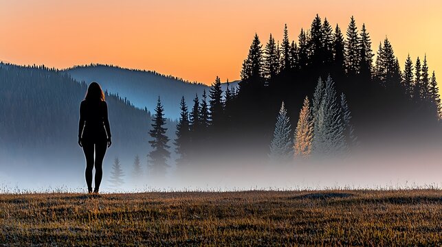 woman standing alone in a field, with a double exposure of a forest or wilderness filling her silhouette. This image conveys the emotional solitude of mental health, with an undercurrent of 