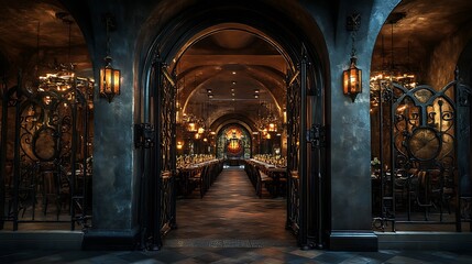 Obraz premium An imposing Gothic doorway with pointed arches and intricate iron gates, leading to a dining hall featuring dramatic lighting, a grand banquet table, and towering columns. Bold, mysterious,