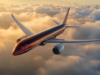 Fototapeta premium Elegant Commercial Aircraft Soaring Above Golden Clouds Aerial View Nature's Majesty Travel Concept