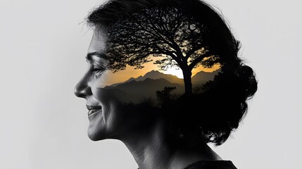 woman with a faint smile, her face interwoven with a silhouette of a peaceful sunrise over mountains, symbolizing the hope and recovery that comes with mental health improvement. The soft light 